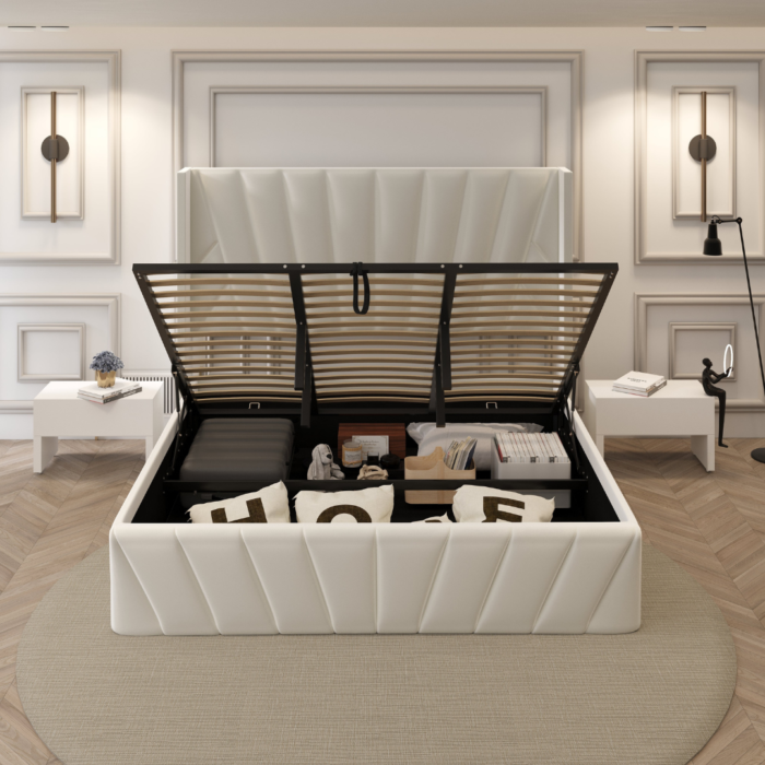 Eva Upholstered Platform Hydraulic Storage Bed - Ivory