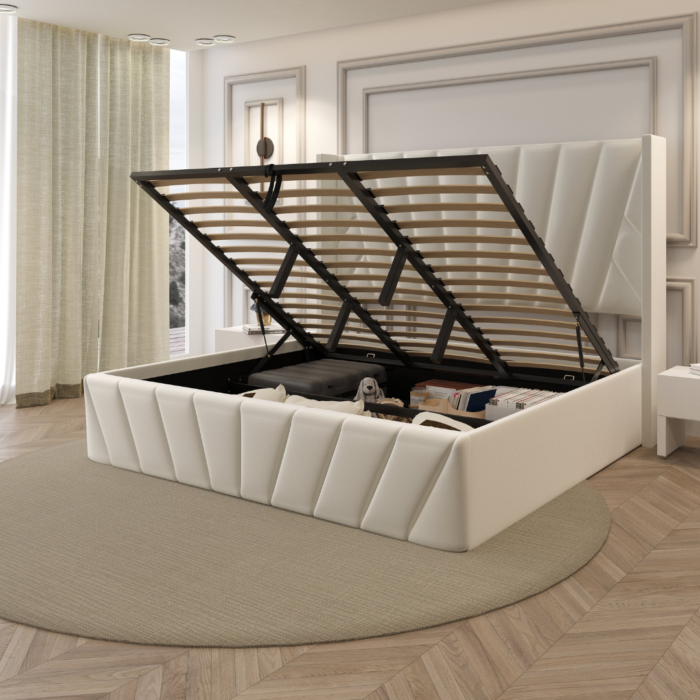 Eva Upholstered Platform Hydraulic Storage Bed - Ivory