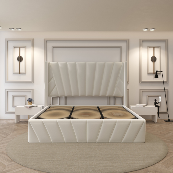Eva Upholstered Platform Hydraulic Storage Bed - Ivory