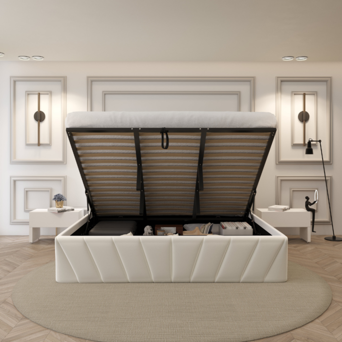 Eva Upholstered Platform Hydraulic Storage Bed - Ivory