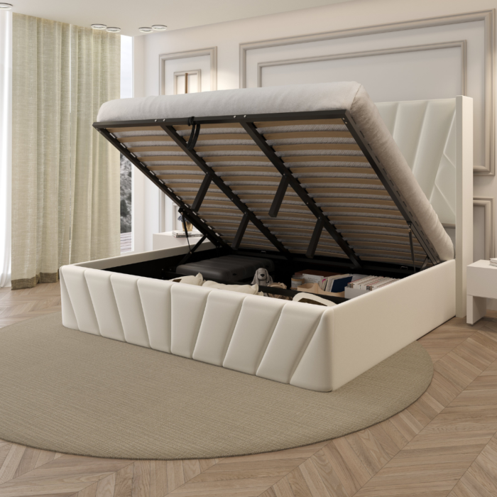 Eva Upholstered Platform Hydraulic Storage Bed - Ivory