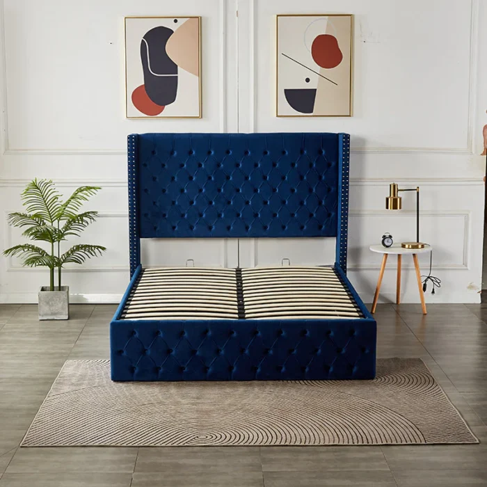 Julien Upholstered Platform Hydraulic Storage Bed – Blue