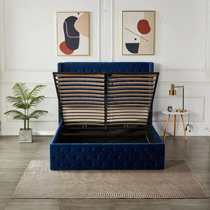 Julien Upholstered Platform Hydraulic Storage Bed – Blue
