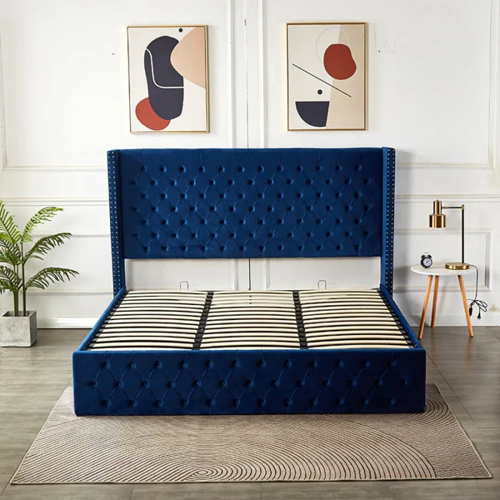 Julien Upholstered Platform Hydraulic Storage Bed – Blue