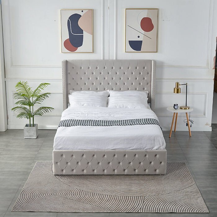 Julien Upholstered Platform Hydraulic Storage Bed – Light Gray