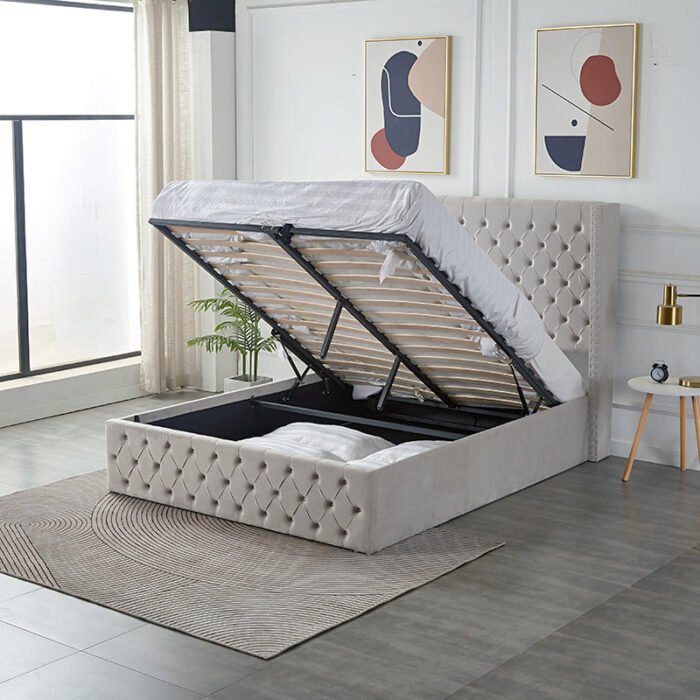 Julien Upholstered Platform Hydraulic Storage Bed – Light Gray