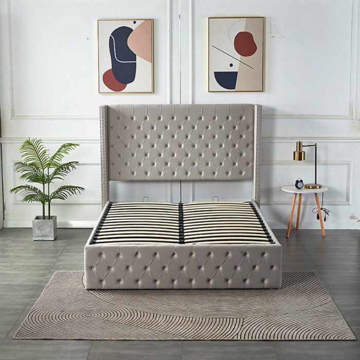 Julien Upholstered Platform Hydraulic Storage Bed – Light Gray