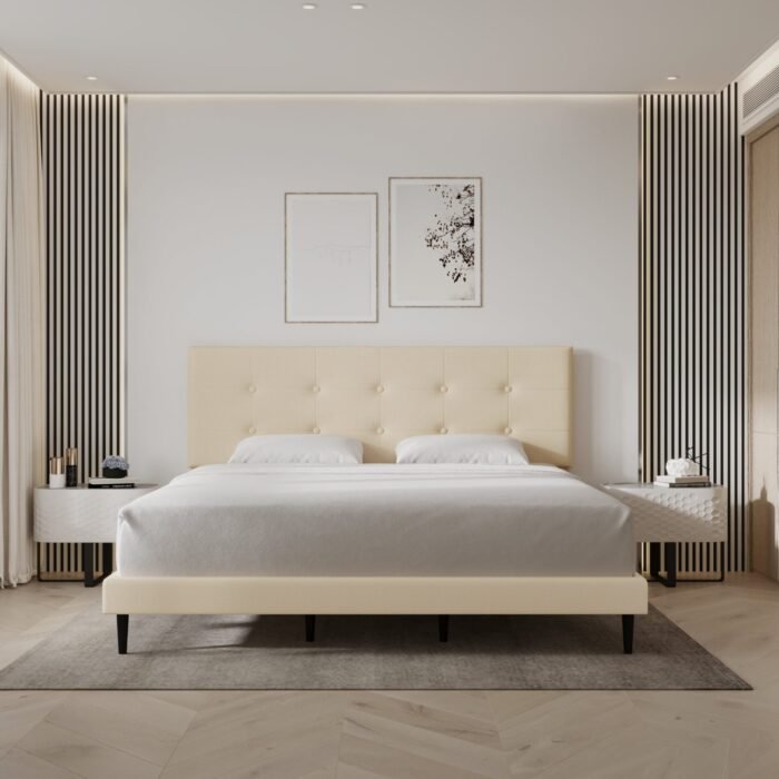 Nora Low-profile Platform Bed with Adjustable Headboard – Beige