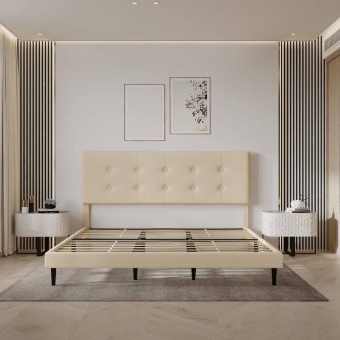 Nora Low-profile Platform Bed with Adjustable Headboard – Beige