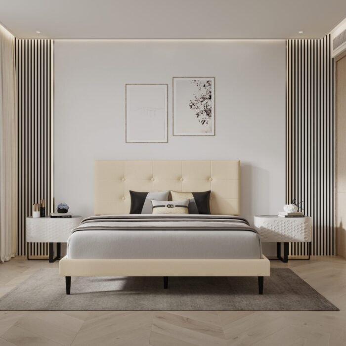 Nora Low-profile Platform Bed with Adjustable Headboard – Beige