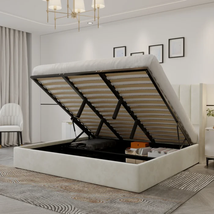 Oliver Upholstered Platform Hydraulic Storage Bed – Ivory