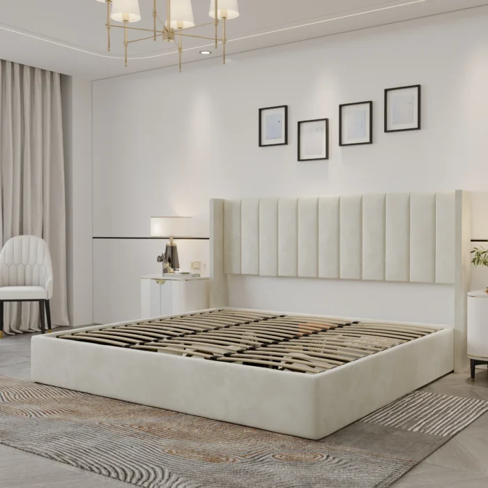 Oliver Upholstered Platform Hydraulic Storage Bed – Ivory