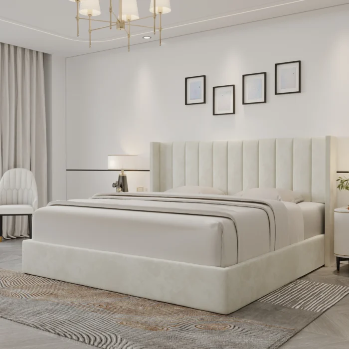 Oliver Upholstered Platform Hydraulic Storage Bed – Ivory