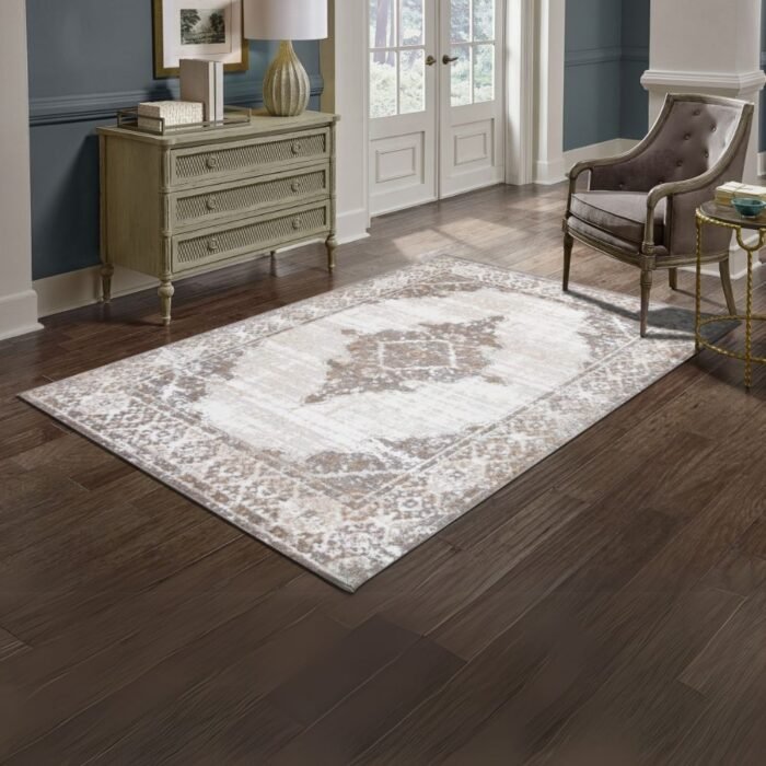 Uptown Area Rug - 7 x 9, Grey/Cream, Polyester Pile, Stain & Fade Resistant