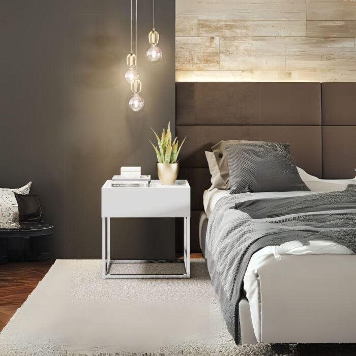 Modern White Nightstand with Full Extension Drawer & Chrome-Finished Legs