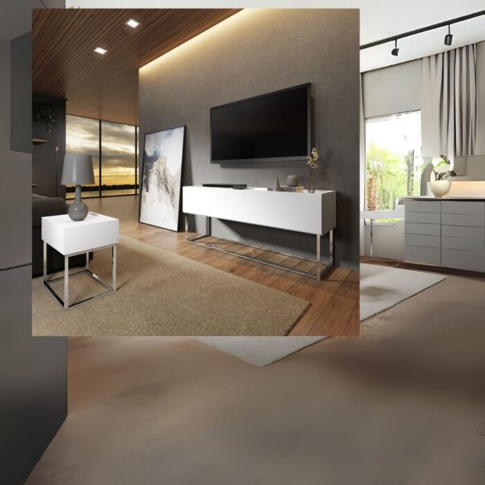 Modern White Nightstand with Full Extension Drawer & Chrome-Finished Legs