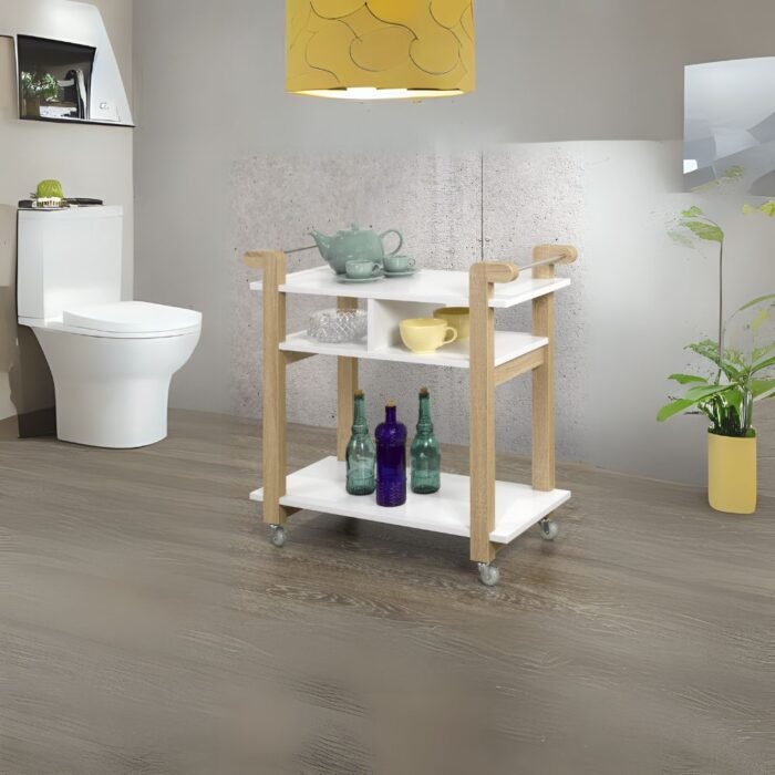 Carie Kitchen Cart with 3 Shelves and Bottom Castors in White/Oak