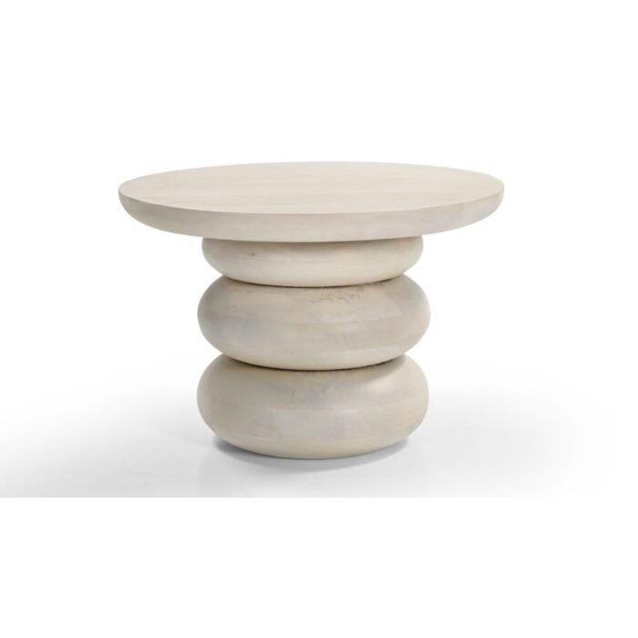 Messi Accent Table with Solid Mango Wood Construction and Unique Base Design in Café White