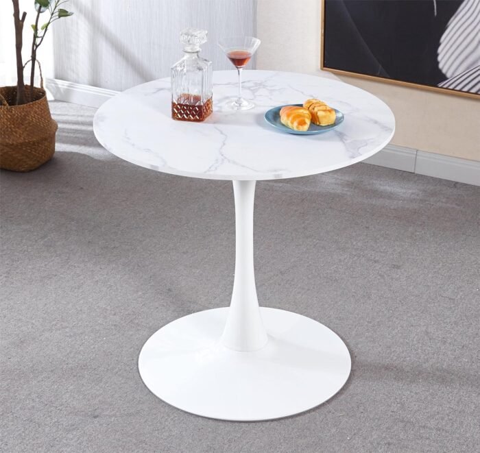 Marble Round Top & Pedestal Base Modern Dining Table - White