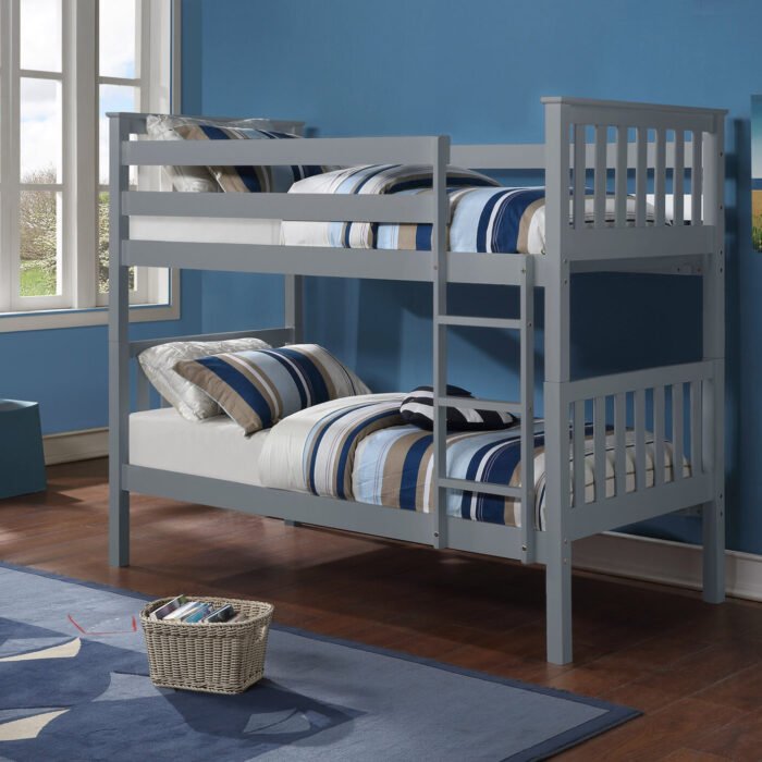 Versatile Mission Style Bunk Bed with Solid Wood & Veneer, Converts to Two Beds – Grey Finish