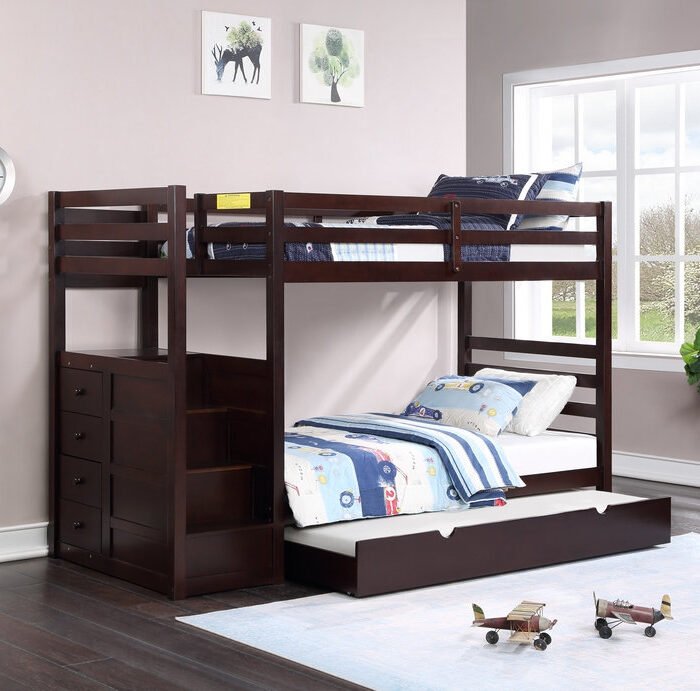 Espresso Staircase Bunk Bed with Optional Storage Drawers & Trundle – Left-Facing Design