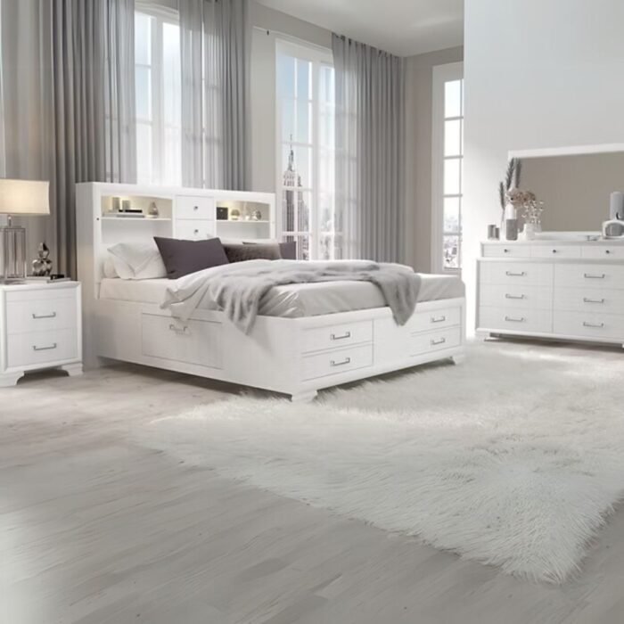 Jordyn White Modern Bedroom Set with Storage Headboard, Platform Bed, and Nickel Hardware