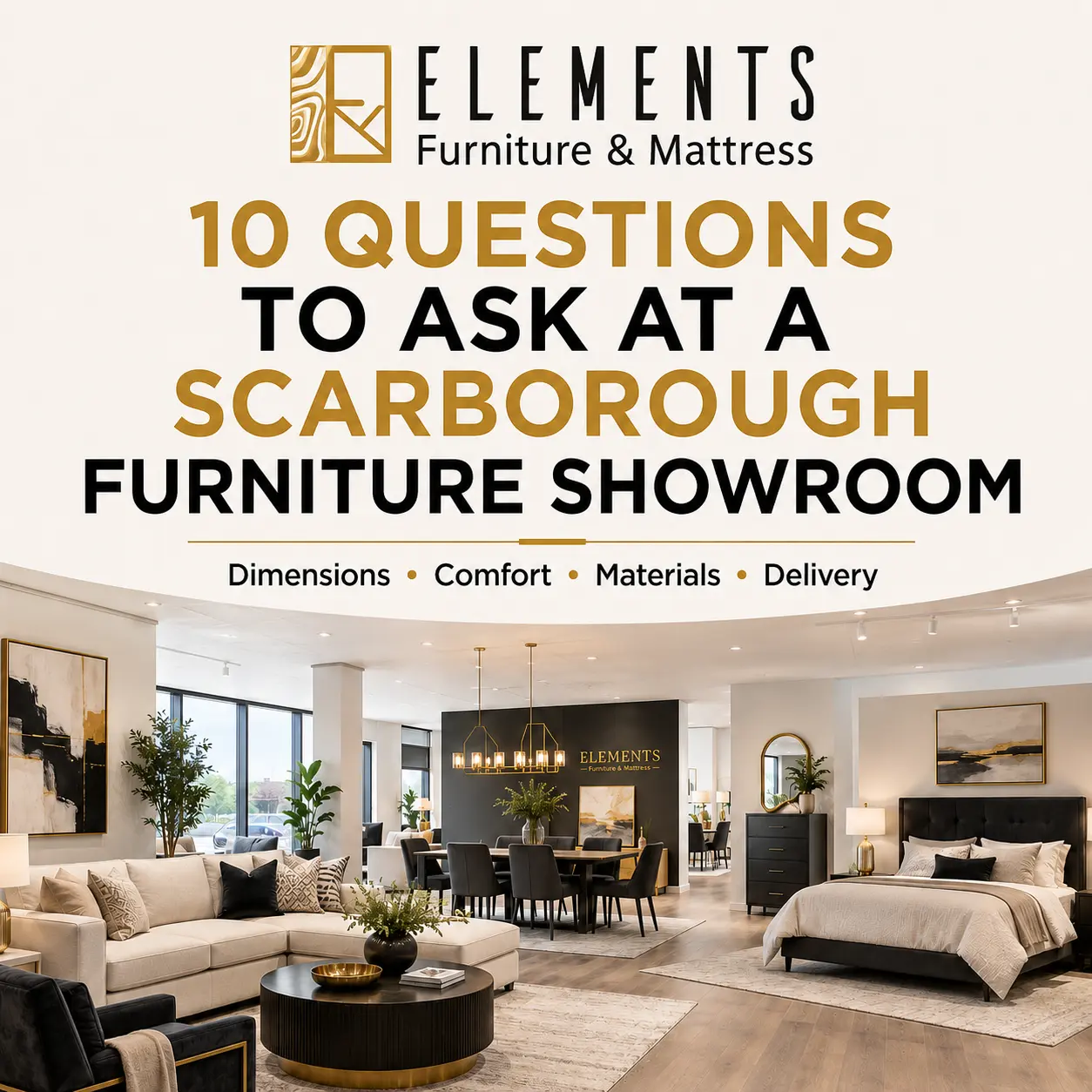 10 Questions to Ask at a Scarborough Furniture Showroom with Elements Furniture & Mattress Scarborough, featuring living room, dining, and bedroom furniture displays.