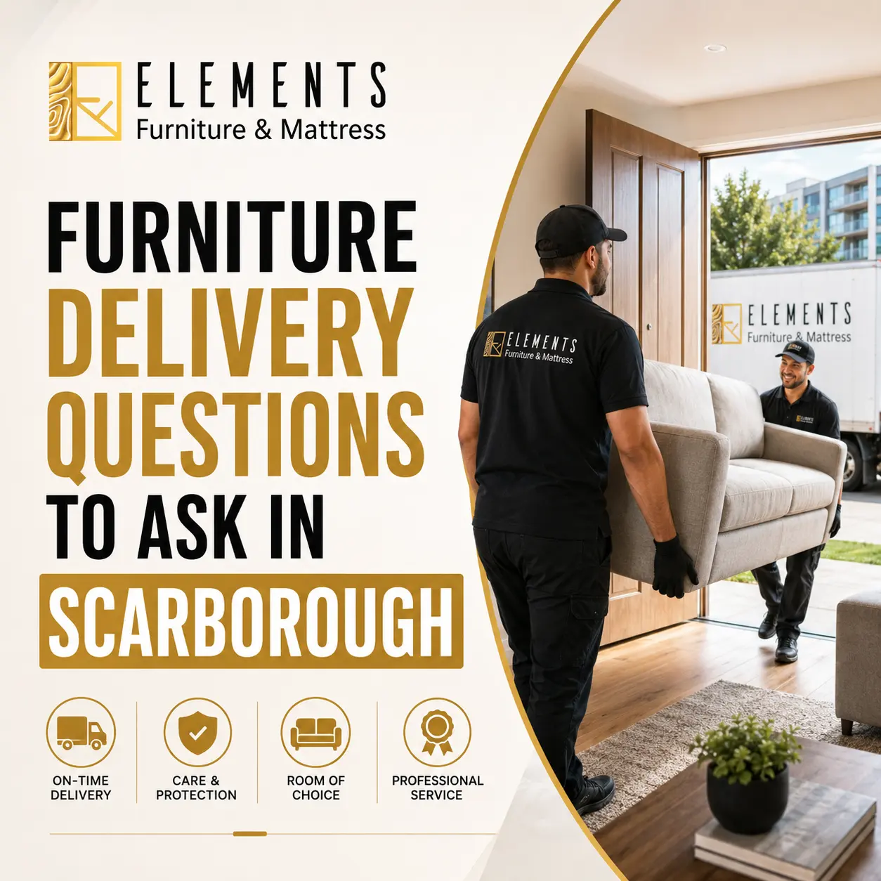 Furniture Delivery Questions to Ask in Scarborough with Elements Furniture & Mattress Scarborough, showing delivery professionals carrying a sofa into a home.