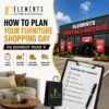 Furniture Shopping on Kennedy Road A Planning Guide by Elements Furniture & Mattress, featuring the Elements Furniture & Mattress Scarborough storefront, a living room setup, shopping icons, and a checklist.
