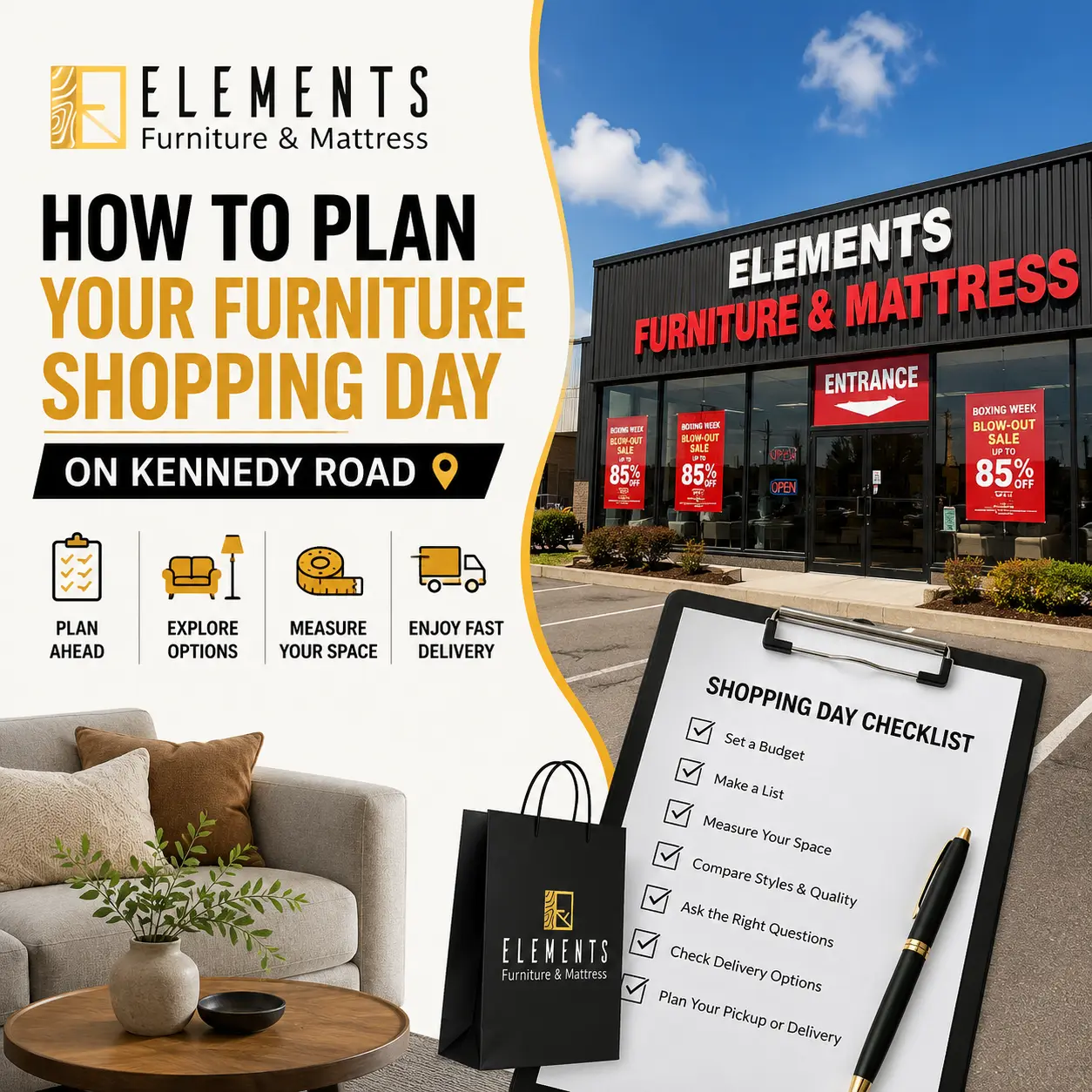 Furniture Shopping on Kennedy Road A Planning Guide by Elements Furniture & Mattress, featuring the Elements Furniture & Mattress Scarborough storefront, a living room setup, shopping icons, and a checklist.