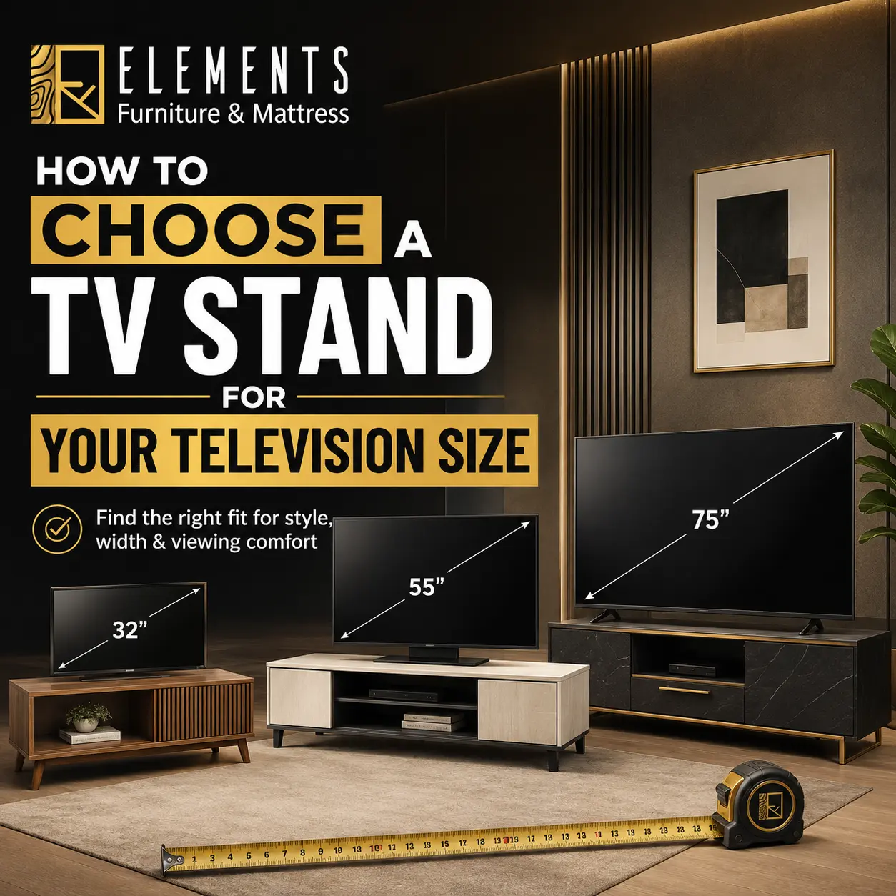 How to Choose a TV Stand for Your Television Size with Elements Furniture & Mattress Scarborough, showing TV stand options for 32-inch, 55-inch, and 75-inch televisions.