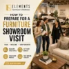 How to Prepare for a Furniture Showroom Visit with Elements Furniture & Mattress Scarborough, showing shoppers speaking with a showroom expert beside living room furniture displays.