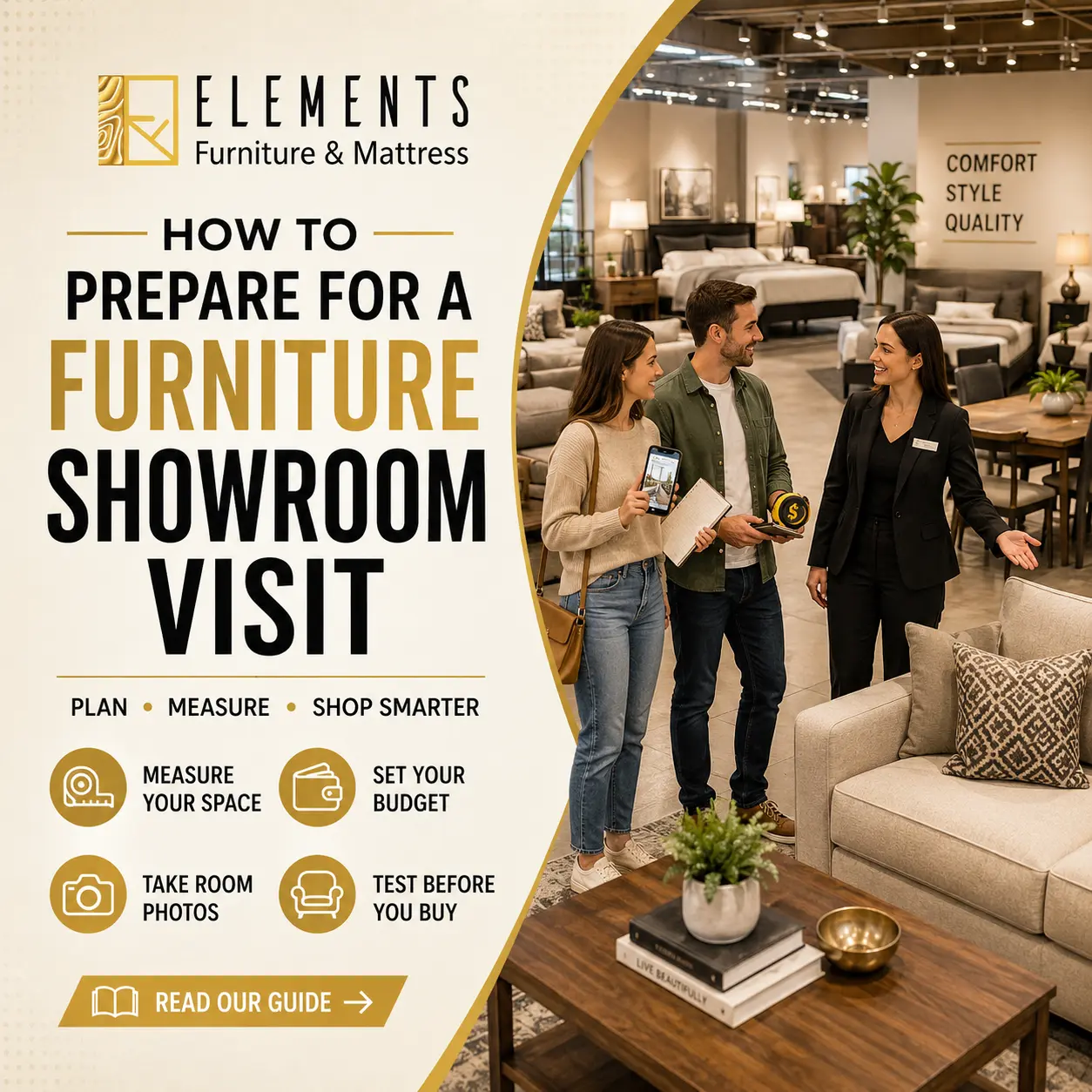 How to Prepare for a Furniture Showroom Visit with Elements Furniture & Mattress Scarborough, showing shoppers speaking with a showroom expert beside living room furniture displays.