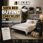 Sofa Bed Buying Checklist for Overnight Guests from Elements Furniture & Mattress Scarborough, featuring a stylish sofa bed setup with bedding, luggage, and guest-ready comfort essentials.