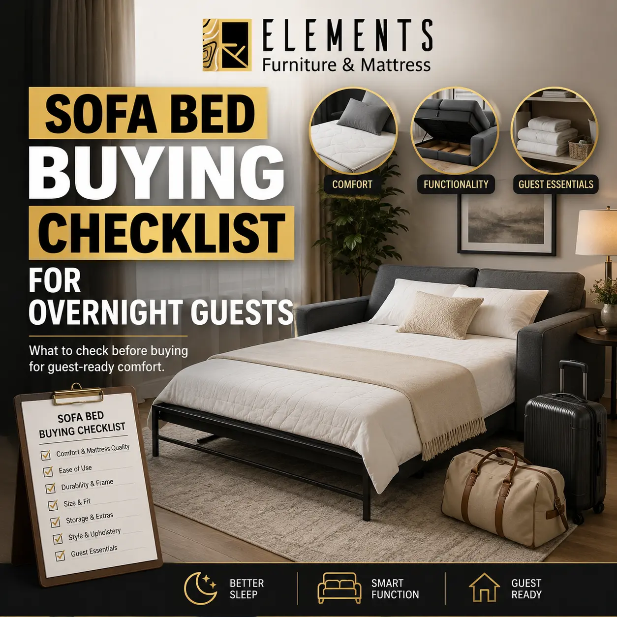 Sofa Bed Buying Checklist for Overnight Guests from Elements Furniture & Mattress Scarborough, featuring a stylish sofa bed setup with bedding, luggage, and guest-ready comfort essentials.