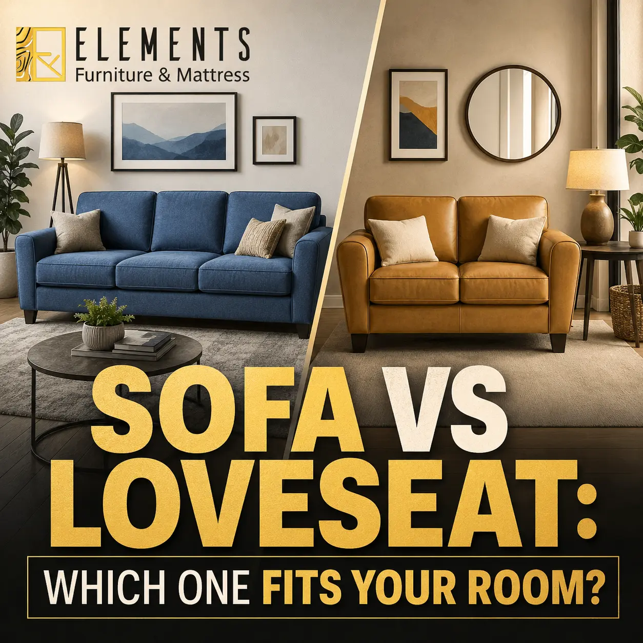Sofa vs Loveseat: Which One Fits Your Room? with Elements Furniture & Mattress Scarborough, showing a blue sofa and brown loveseat comparison for living room furniture planning.