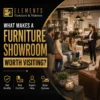 What Makes a Furniture Showroom Worth Visiting? at Elements Furniture & Mattress Scarborough, showing shoppers speaking with a showroom expert while exploring stylish living and dining furniture displays.