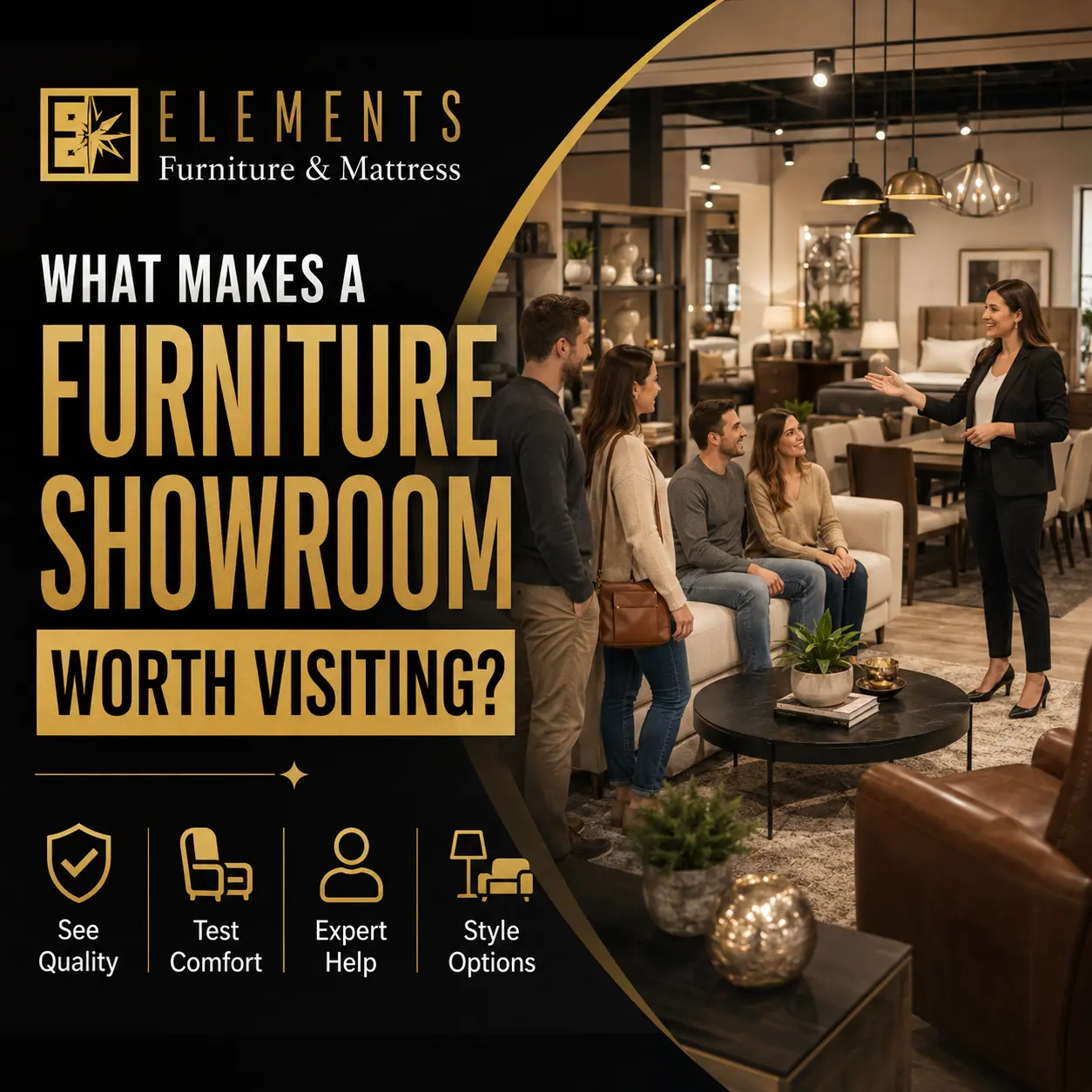 What Makes a Furniture Showroom Worth Visiting? at Elements Furniture & Mattress Scarborough, showing shoppers speaking with a showroom expert while exploring stylish living and dining furniture displays.