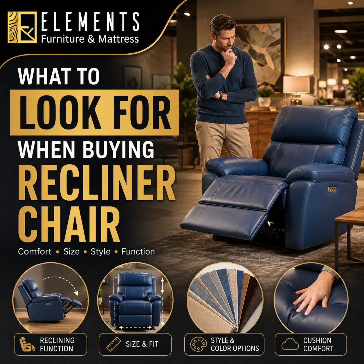 What to Look for When Buying a Recliner Chair with Elements Furniture & Mattress Scarborough, showing a shopper comparing a blue recliner chair for comfort, size, style, and function.