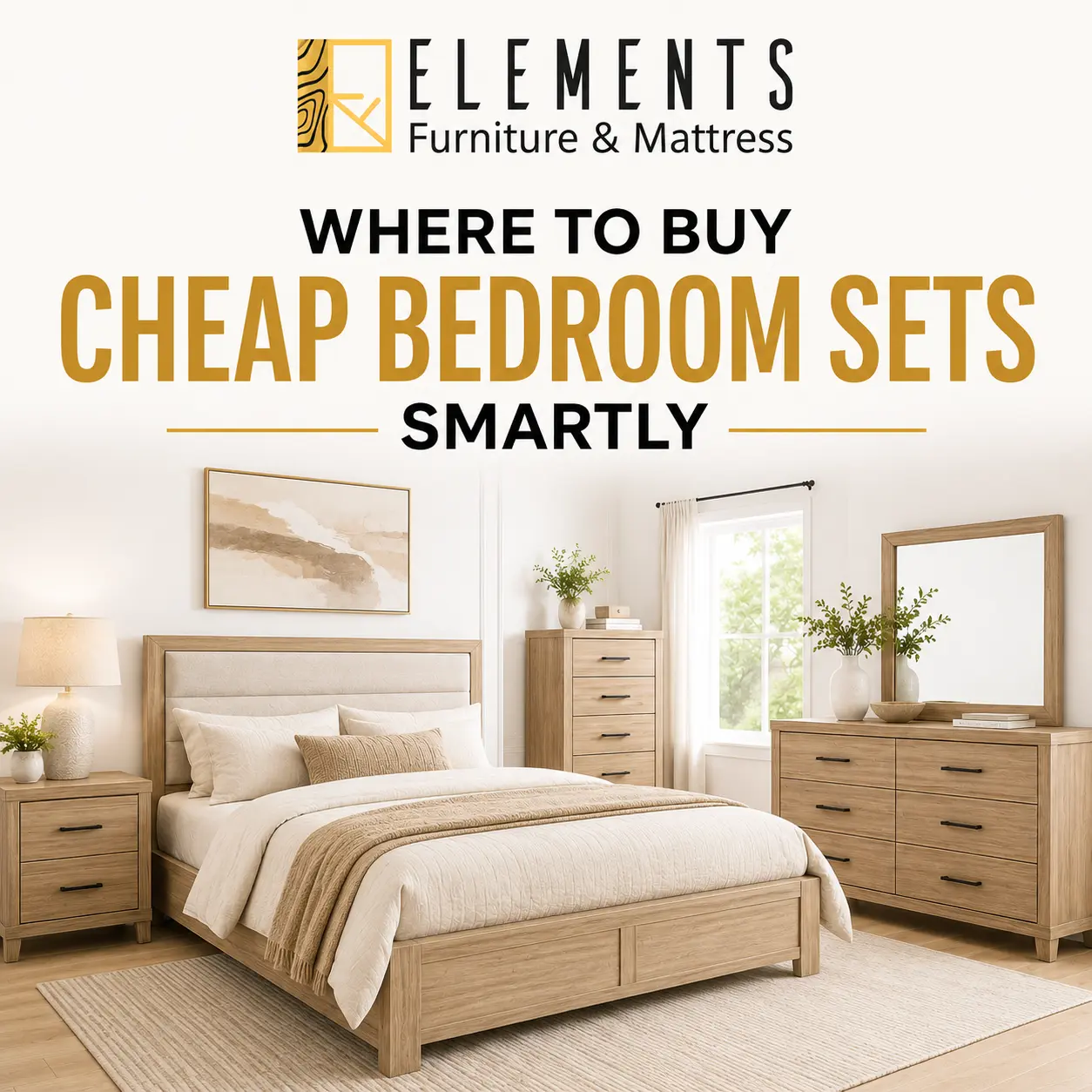 Where to Buy Cheap Bedroom Sets Smartly from Elements Furniture & Mattress Scarborough, featuring a light wood bedroom set with bed, nightstand, chest, dresser, and mirror.