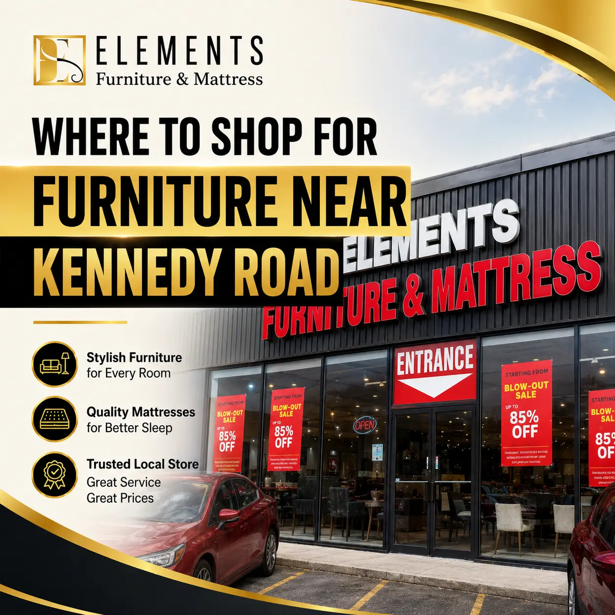 Where to Shop for Furniture Near Kennedy Road at Elements Furniture & Mattress Scarborough, featuring the local showroom storefront with furniture and mattress sale signage.