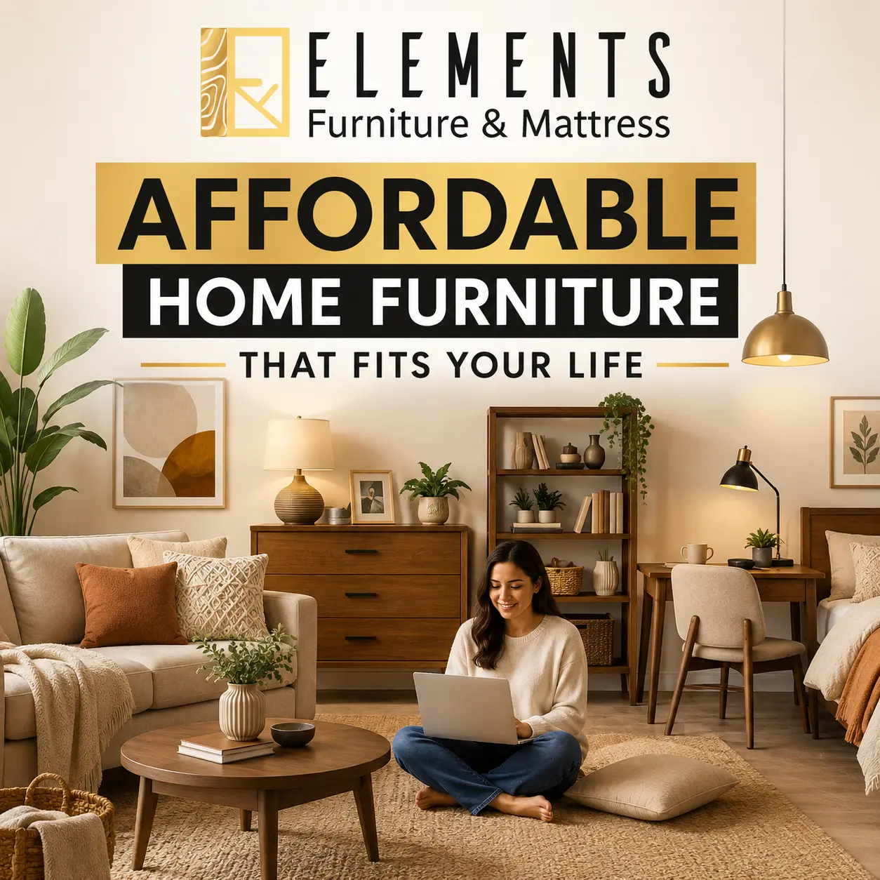 Affordable Home Furniture That Fits Your Life from Elements Furniture & Mattress Scarborough, featuring a cozy home setup with sofa, coffee table, dresser, bookshelf, desk, and bedroom furniture.