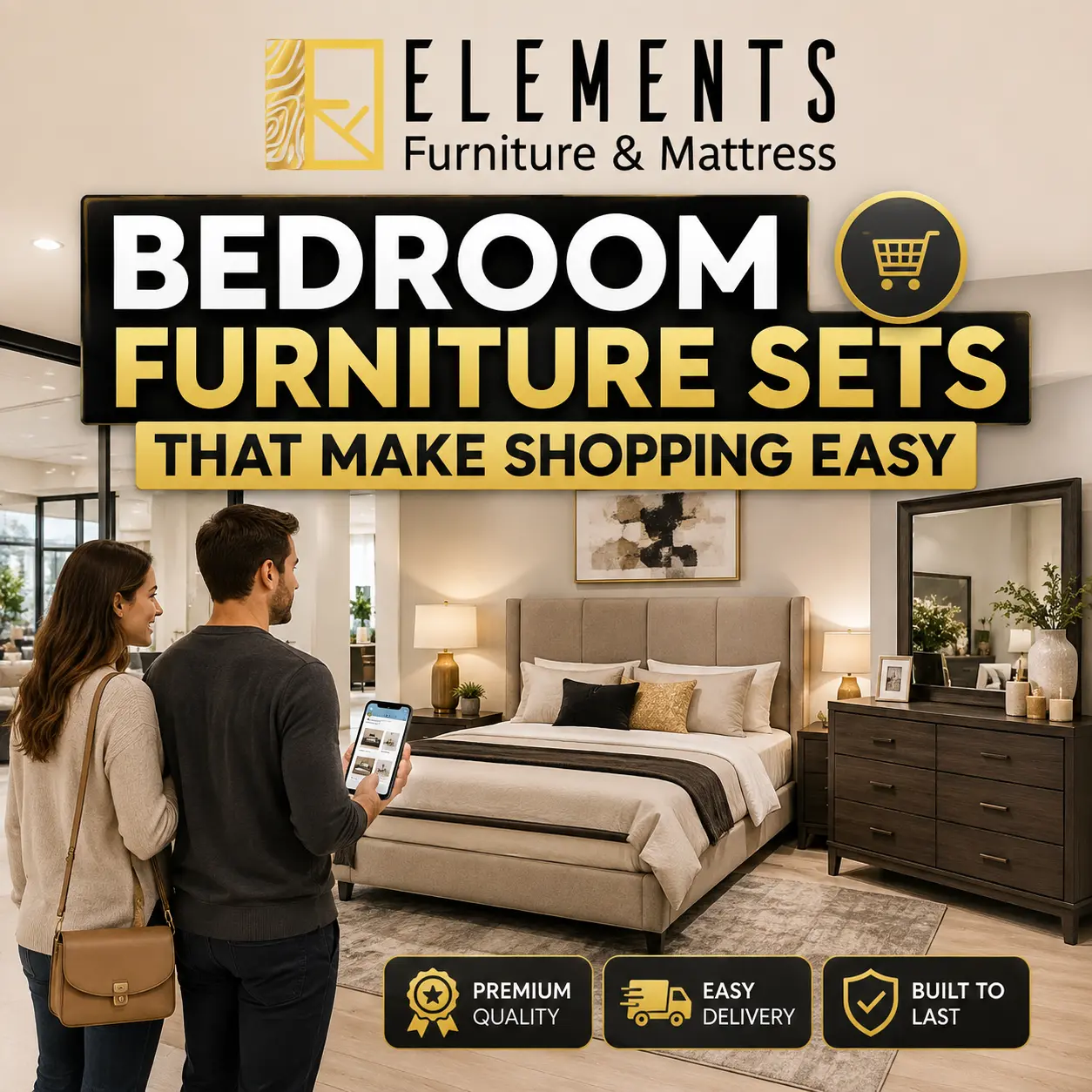 Bedroom Furniture Sets That Make Shopping Easy from Elements Furniture & Mattress Scarborough, showing shoppers viewing a complete bedroom set with bed, dresser, mirror, and nightstand in a showroom.