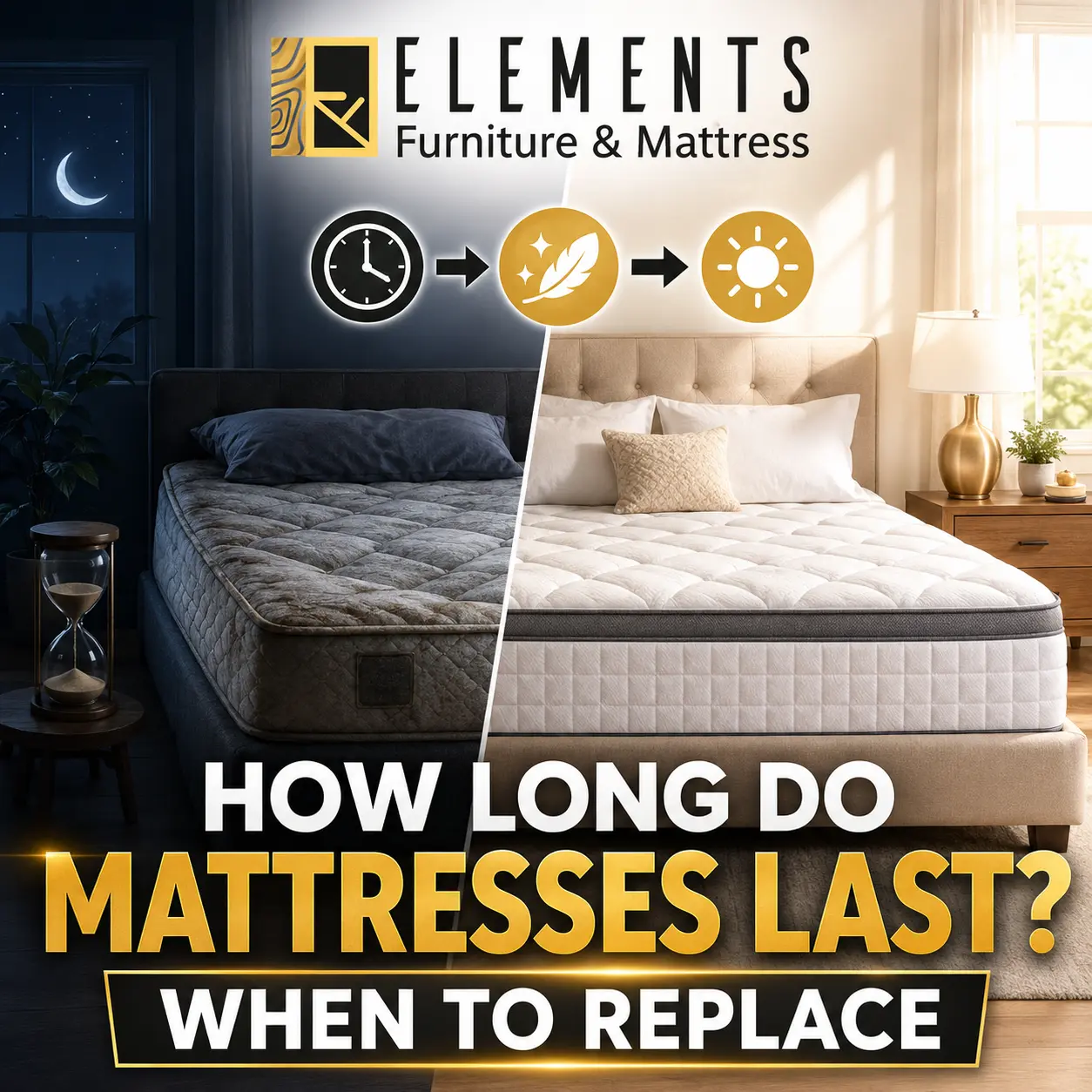How Long Do Mattresses Last? When to Replace from Elements Furniture & Mattress Scarborough, showing an old mattress compared with a new mattress to explain replacement timing and sleep comfort.