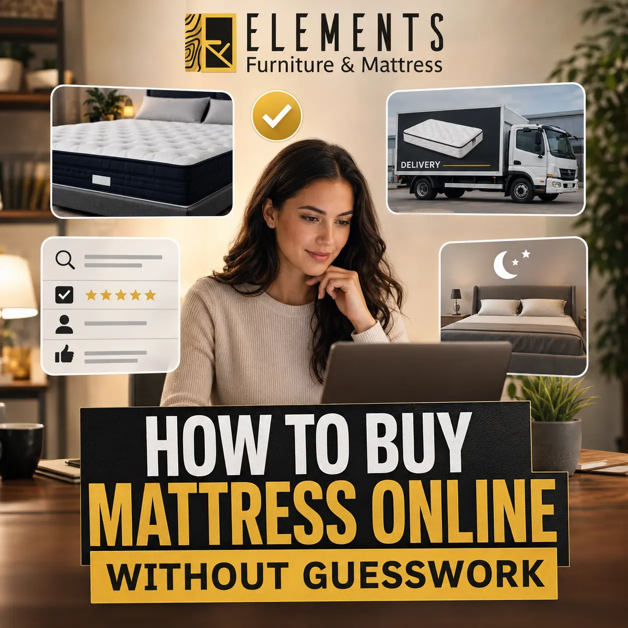 How to Buy Mattress Online Without Guesswork with Elements Furniture & Mattress Scarborough, showing a shopper comparing mattress quality, reviews, delivery, and bedroom comfort options online.