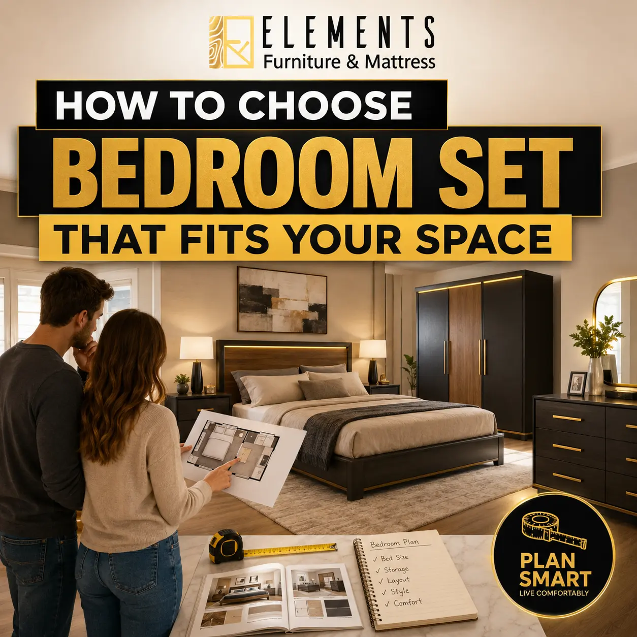 How to Choose Bedroom Set That Fits Your Space with Elements Furniture & Mattress Scarborough, showing a couple planning a bedroom layout with a bed, wardrobe, dresser, mirror, and room measurements.