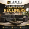 Living Room Sectional Furniture With Recliners from Elements Furniture & Mattress Scarborough, featuring a large dark sectional sofa with built-in recliners in a modern living room.