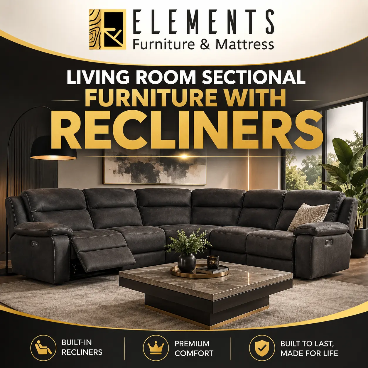 Living Room Sectional Furniture With Recliners from Elements Furniture & Mattress Scarborough, featuring a large dark sectional sofa with built-in recliners in a modern living room.