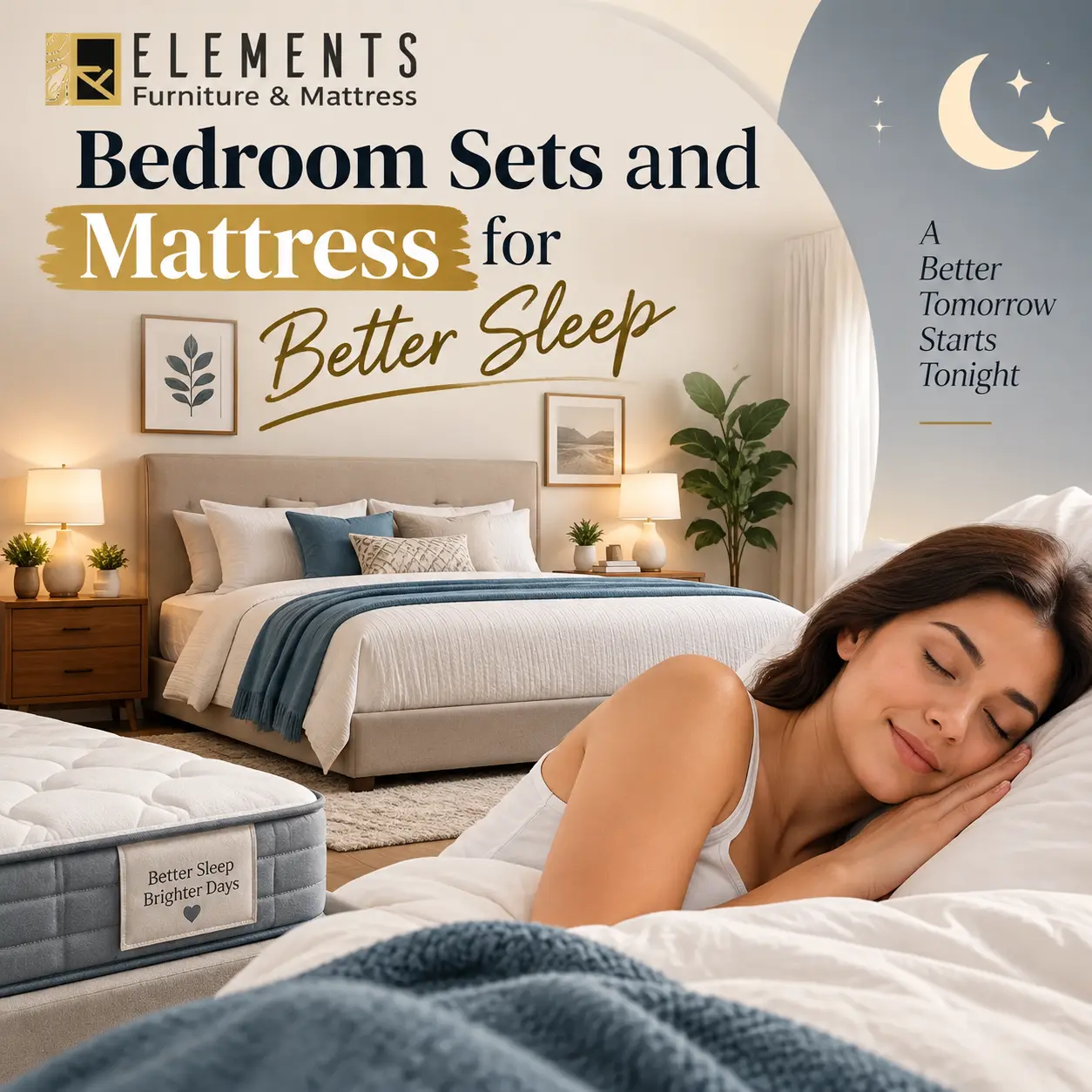 Bedroom sets and mattress for better sleep, featuring a comfortable bedroom with a bed, mattress, and peaceful sleeping scene from Elements Furniture & Mattress Scarborough.