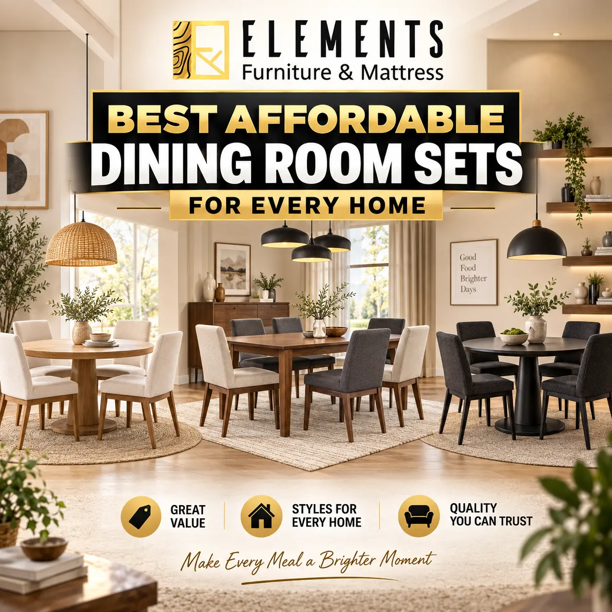 Best Affordable Dining Room Sets for Every Home, featuring stylish dining tables and upholstered chairs in different sizes and designs from Elements Furniture & Mattress Scarborough.